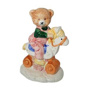 Vintage Teddy Bear on Horse Figurine Baby Nursery Made in Taiwan 5.5" x 4"